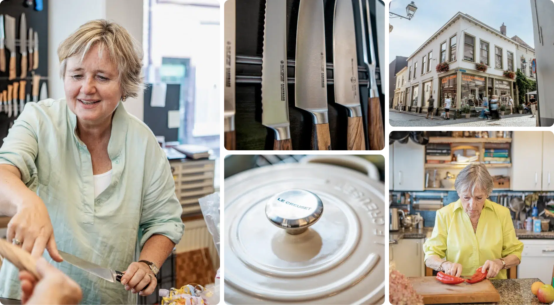 Fotoshoot in De Kookwinkel in Breda: Yvette bij de messenwand, messen, Le Creuset, de gevel en de keuken in de winkel