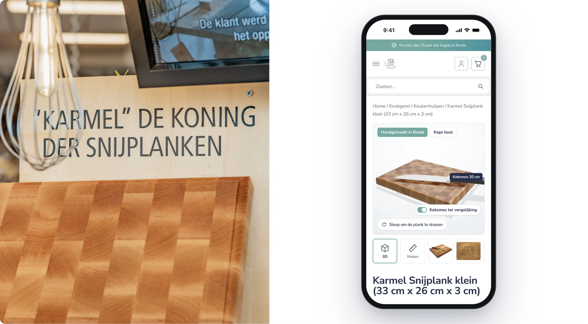 Het bord Karmel de koning der snijplanken in De Kookwinkel naast de productpagina met 3D-snijplank op mobiel