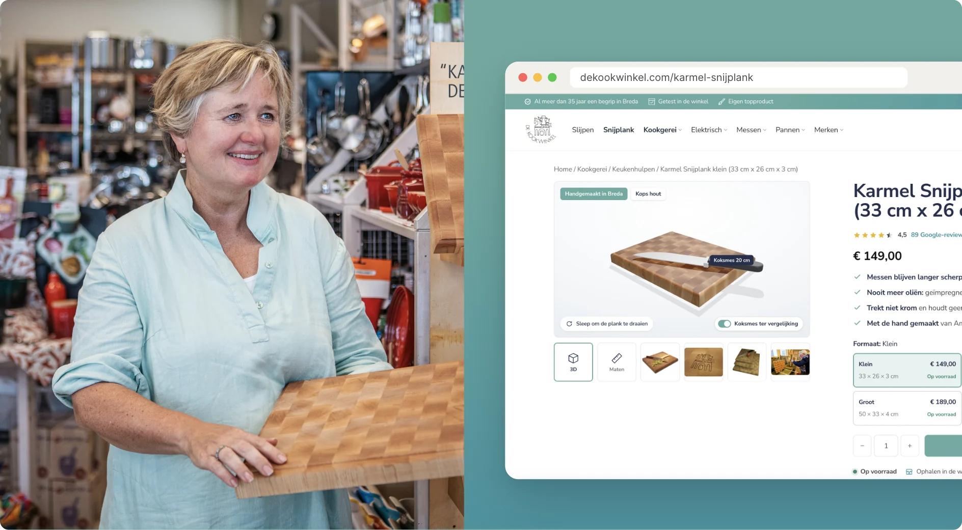 Yvette Elbers met een Karmel-snijplank naast de nieuwe productpagina met 3D-model op dekookwinkel.com