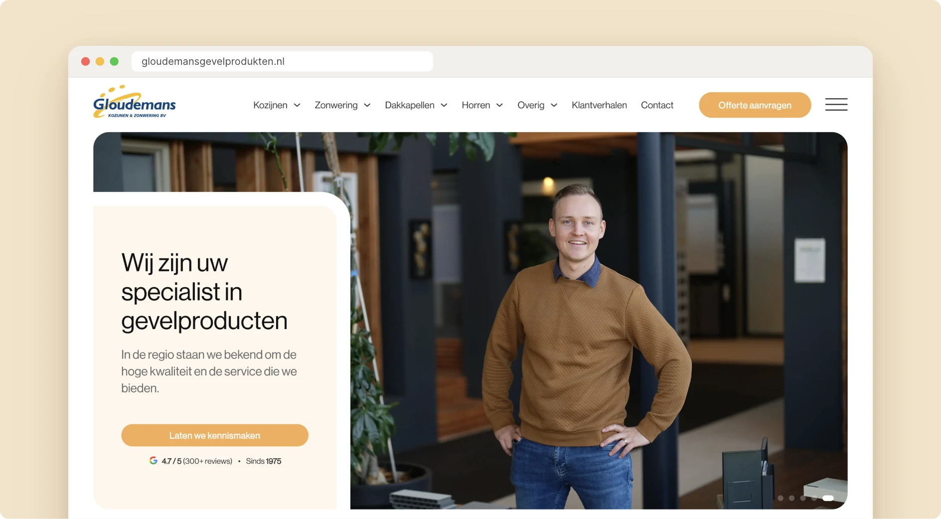 Homepage van de nieuwe website van Gloudemans kozijnen en zonwering