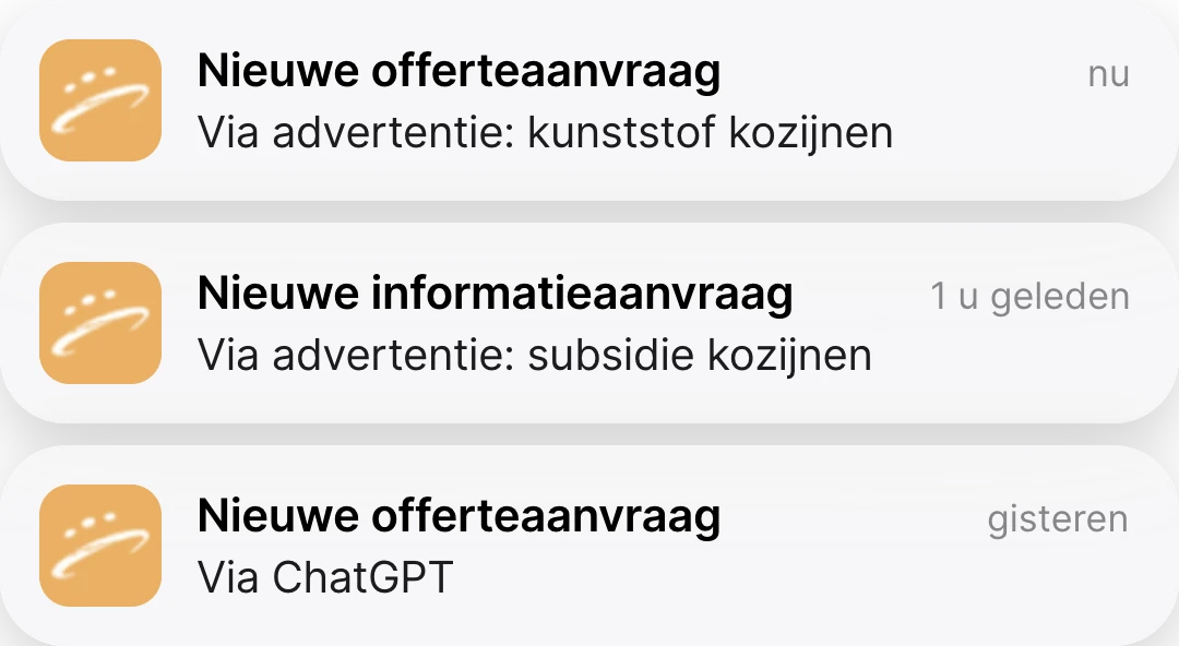 Meldingen van aanvragen via Google Ads en ChatGPT