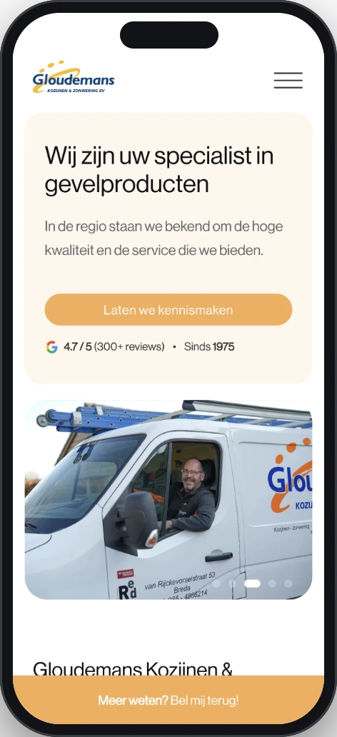 Nieuwe website van Gloudemans op een telefoon