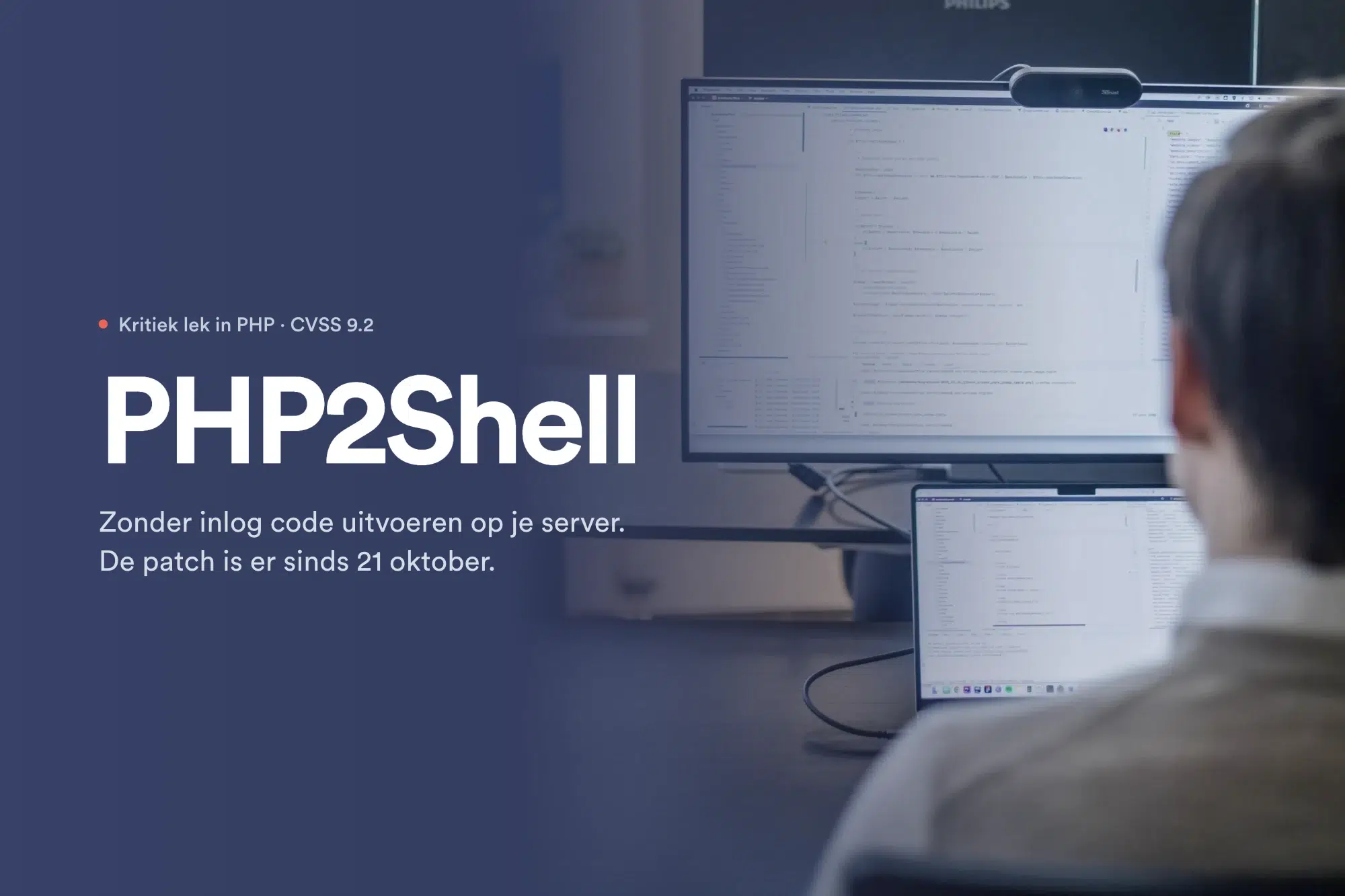 Developer van Webbedrijf achter een scherm met code, met de titel PHP2Shell